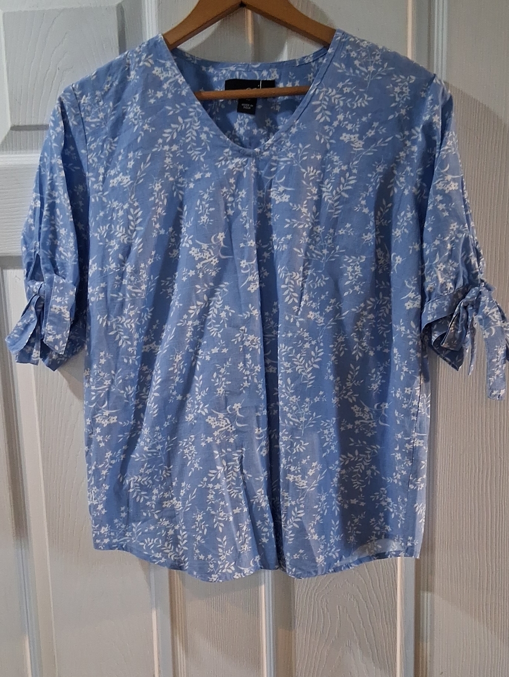 Erika Light Blue Floral V-Neck Tie-Sleeve Blouse